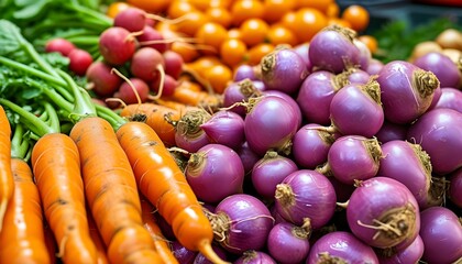 Vibrant assortment of fresh carrots, radishes, onions, and tomatoes at a bustling farmers market