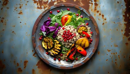 Wall Mural - Vibrant salad featuring roasted vegetables, quinoa, and pomegranate seeds served on a rustic metal plate