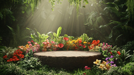 Wall Mural - A podium with green foliage, Earth elements, and colorful flowers, set in a lush forest for an Earth Day display.