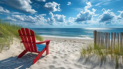 Scenic Rhode Island beach in summer with empty dunes, coastal grass, wooden fence, and a red, white, and blue beach chair. Serene seaside landscape, blue skies, scattered clouds, and tranquil vacation