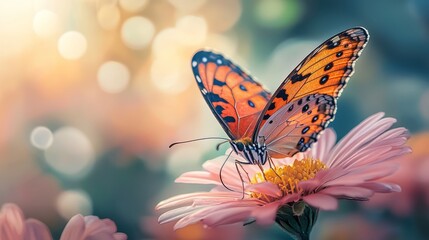 Poster - A Monarch Butterfly perched on a pink flower in a field of green grass with a soft, golden light in the background.