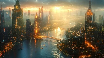 Aufkleber - The glowing skyline of a futuristic city emerges at dusk, with tall buildings reflecting in the calm waters below, creating a captivating urban scene.
