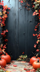 Poster - Autumnal scene with pumpkins and fall leaves.