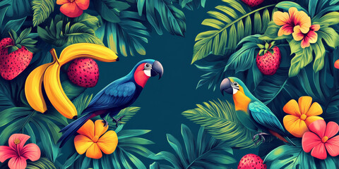 Wall Mural - A vibrant hand-drawn tropical background featuring banana leaves, exotic birds, and bright tropical fruits in bold, neon colors on a deep teal background.