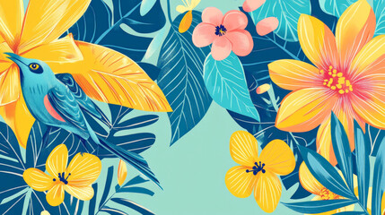 Wall Mural - A colorful hand-drawn background featuring playful tropical leaves, birds, and flowers in bright colors of yellow, coral, and blue, outlined with bold strokes on a soft teal background.