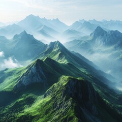 Canvas Print - A panoramic view of a mountain range with fog and mist rolling through the valleys.