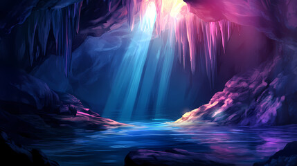 Wall Mural - A cave with a cave and a cave with a light shining through it. Glistening Cave. Illustration