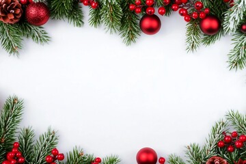 Christmas frame on white background. Top view, flat lay with copy space for text