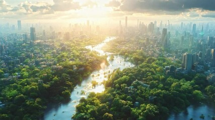 Aufkleber - An expansive view captures a city intertwined with nature, showcasing rivers flowing through greenery as the sun sets, illuminating the skyline.
