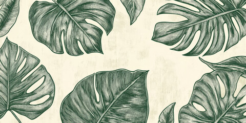 Wall Mural - A pattern of engraved tropical leaves like monstera and banana, drawn with fine line work and shaded in deep greens, set against a light, textured background.