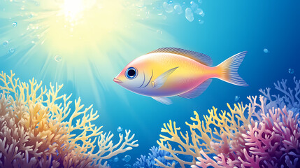 A fish is swimming in the ocean with the sun shining on it. Coral Atoll. Illustration