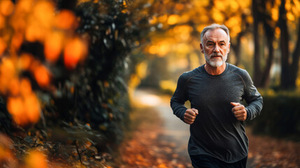 Senior man jogging in autumn park maintaining healthy lifestyle