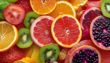 Vibrant close-up of a colorful assortment of fruit slices highlighting juicy textures and radiant hues