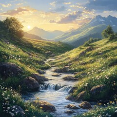 Canvas Print - A picturesque mountain valley with a river winding through a field of wildflowers at sunset.