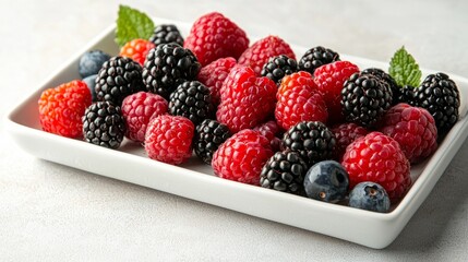 Wall Mural - A plate of assorted fresh berries including raspberries and blackberries.