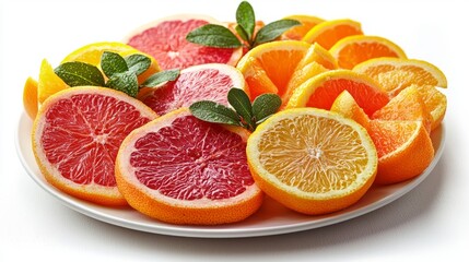 Wall Mural - A plate of fresh citrus fruits including grapefruit, orange, and lemon slices.