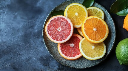 Wall Mural - A plate of sliced citrus fruits, including grapefruit, orange, and lemon, on a dark background.