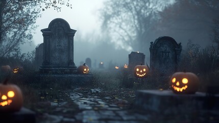 A haunted graveyard scene featuring ancient tombstones, fog rolling in, and glowing jack-o'-lanterns scattered around