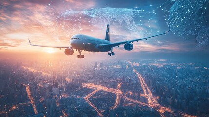Wall Mural - modern technology is shaping the future of air travel. planes are taking off from airports against a