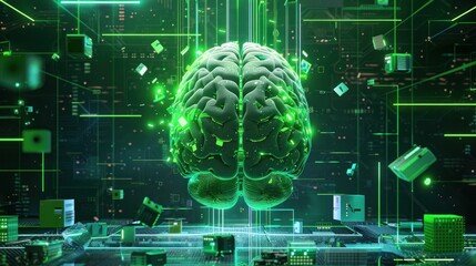 Poster - futuristic brain, digital technology, green, neon lights, data processing, artificial intelligence, abstract design, innovation and creativity, high tech background, glowing elements
