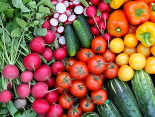 A vibrant vegetable background featuring fresh, colorful vegetables like carrots, bell peppers, and spinach, highlighting their natural beauty