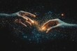 © Kiran - Interconnected human hands glowing as they touch data points, symbolizing digital connectivity and information flow.