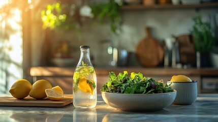 Wall Mural - Fresh Organic Salad with Lemon in a Rustic Kitchen Setting