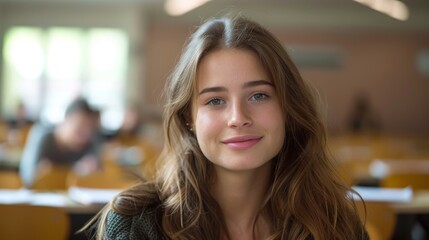 Beautiful young woman student, showcasing confidence and intellect, in a university classroom, prepared for her studies