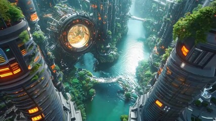 Poster - A breathtaking view of a futuristic city filled with luminescent buildings, lush greenery, and a tranquil waterway reflecting the vibrant scene.