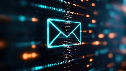 Digital envelope icon on a binary code background.