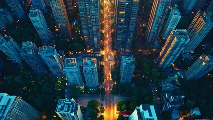 Aufkleber - The city lights up as dusk approaches, revealing a bustling street bordered by impressive skyscrapers casting shadows on the ground.