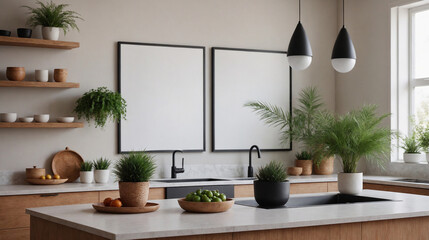 Wall Mural - A concept image of a kitchen with an empty preparation board on the wall interior design mockup template, high-resolution 3d illustration interior rendering.