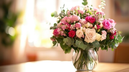 Poster - Brightly colored flowers bloom in a glass vase, adding a fresh and cheerful touch to the light wooden table they rest on. Generative AI