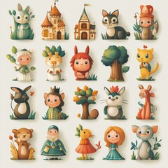 A set of 20 cute cartoon characters with various animal and human forms, including a rabbit, cat, bear, fox, deer, girl, and a prince, standing on a background of green grass and trees.