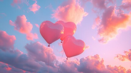 Wall Mural - a sea of pink heart-shaped balloons floating through clouds at sunset, creating a dreamy, romantic a