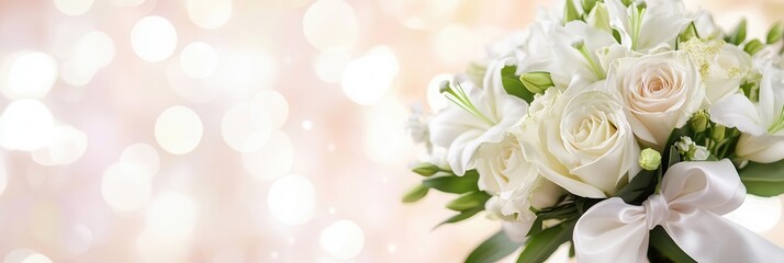 Poster - A beautiful bouquet featuring white roses and lilies is elegantly tied with a silk ribbon, set against a soft pastel background. Generative AI