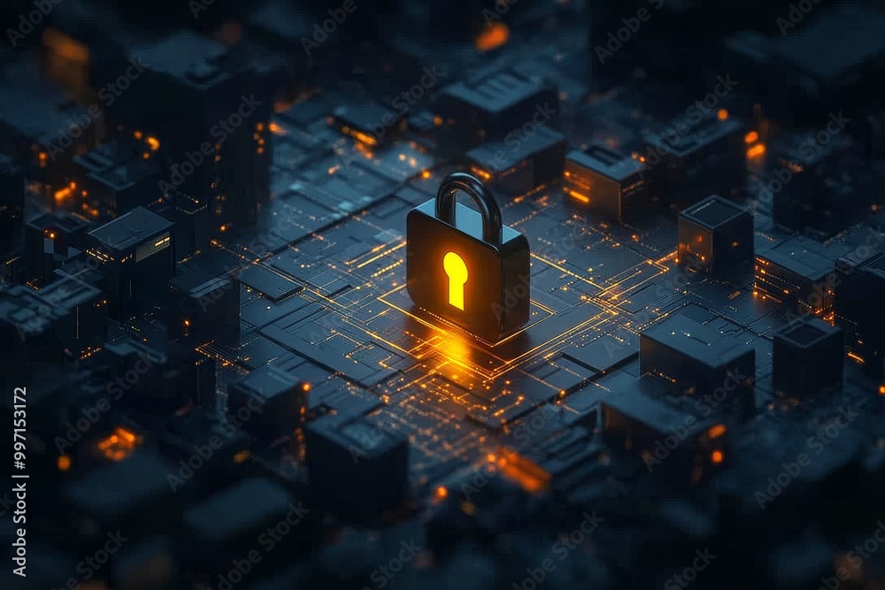 Golden glowing lock icon integrated into a futuristic digital ...