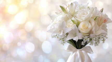 Aufkleber - An elegant bouquet features white roses and lilies, beautifully arranged and accented with a silk ribbon, set against a dreamy pastel backdrop. Generative AI