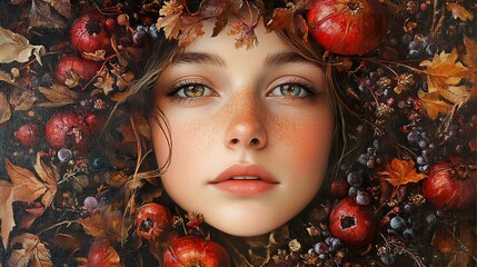 Poster - Autumn Portrait: Woman Surrounded by Pomegranates and Berries