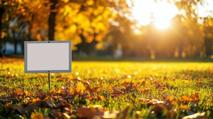 Wall Mural - A blank yard sign stands upright on lush green grass, surrounded by scattered fallen leaves. The warm glow of autumn sunlight enhances the tranquil atmosphere