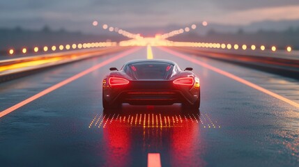 A sleek, futuristic car drives down a glowing highway, leaving a trail of light.