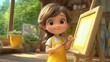 © ProPhotos - A young girl with big brown eyes, dressed in a yellow dress and holding a brush in her hands, stands near an easel in a studio.