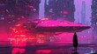 © ProPhotos - A futuristic scene with a spaceship hovering over a cityscape at night illuminated by neon lights and a lone figure standing on the ground in front of the spaceship.