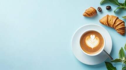 Poster - A warm cup of aromatic coffee accompanied by croissants and a good morning wish sits elegantly on a light blue background, inviting positivity. Generative AI