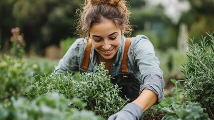 Wall Mural - A smiling woman tending to her garden, kneeling and planting in the dirt.