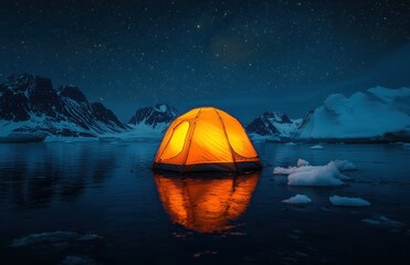 Aufkleber - Camping tent glowing in the night on an ice floe with snow-covered mountains and stars in the sky, the reflection of light over the water surface, the orange-colored tent illuminated by moonlight
