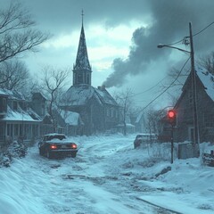 Sticker - A snowy street in a small town with a church in the background, a car drives through the snow-covered road.