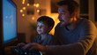 © Tatiana Sdvyzer - Father and son playing video games together at home, immersed in an exciting gaming session in a cozy evening setting. A fun bonding activity for families.