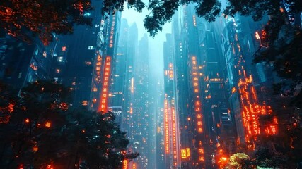 Poster - The cityscape glows with neon lights from towering skyscrapers surrounded by lush foliage, creating a captivating contrast in the night atmosphere.