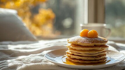 Canvas Print - A stack of fluffy pancakes with syrup and fruit on a plate, set on a white blanket in front of a window with autumn leaves in the background.